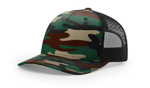 Richardson 112PFP Printed Five Panel Trucker Hat Camo Cap - 112 PFP Green Camo/Black