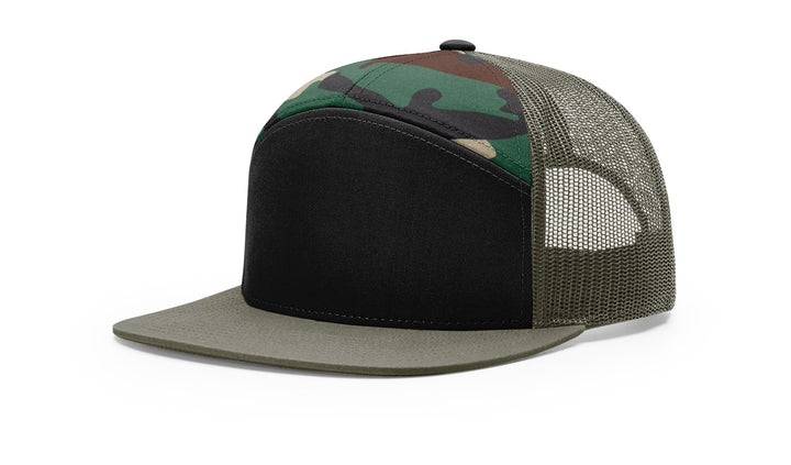 Richardson 168 7-Panel Trucker Hat, Flat Bill Snapback Black/Camo/Loden