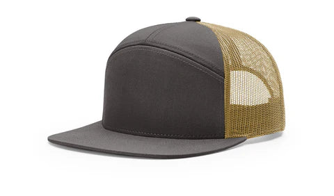 Richardson 168 7-Panel Trucker Hat, Flat Bill Snapback Charcoal/Old Gold