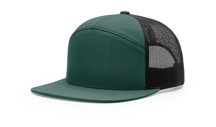 Richardson 168 7-Panel Trucker Hat, Flat Bill Snapback Dark Green/Black