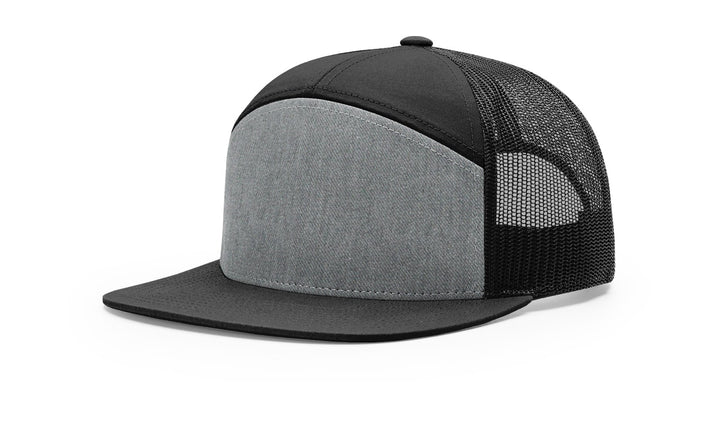 Richardson 168 7-Panel Trucker Hat, Flat Bill Snapback Heather Grey/Black