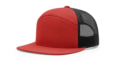 Richardson 168 7-Panel Trucker Hat, Flat Bill Snapback Red/Black