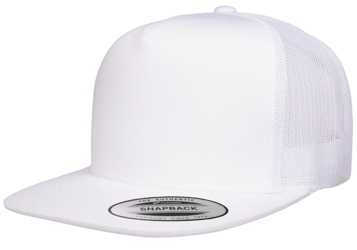 Yupoong 6006 Classic Trucker Snapback Hat, Flat Bill Hat with Mesh Back - YP Classics® White