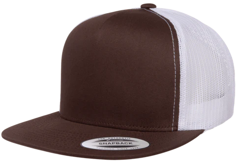 Yupoong 6006T Classic Trucker Snapback Hat, Flat Bill Cap with Mesh Back, 2-Tone Colors - YP Classics® Brown/White