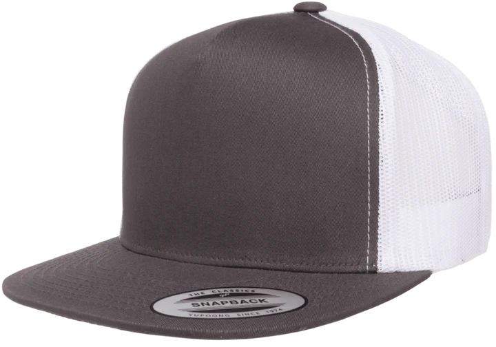 Yupoong 6006T Classic Trucker Snapback Hat, Flat Bill Cap with Mesh Back, 2-Tone Colors - YP Classics® Charcoal/White