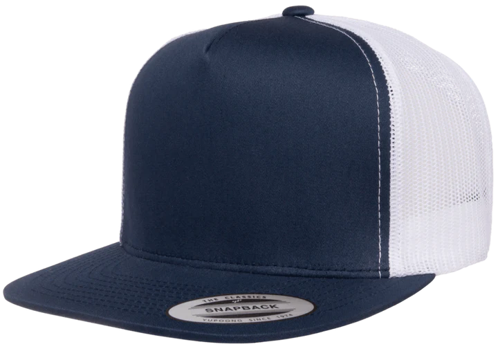 Yupoong 6006T Classic Trucker Snapback Hat, Flat Bill Cap with Mesh Back, 2-Tone Colors - YP Classics® Navy/White