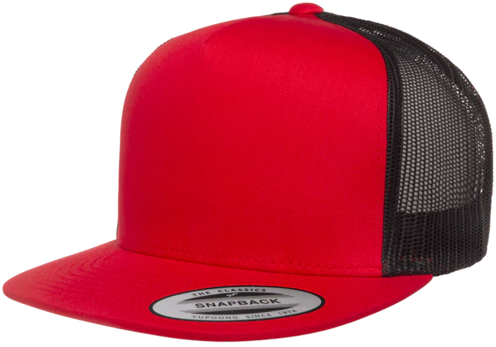 Yupoong 6006T Classic Trucker Snapback Hat, Flat Bill Cap with Mesh Back, 2-Tone Colors - YP Classics® Red/Black