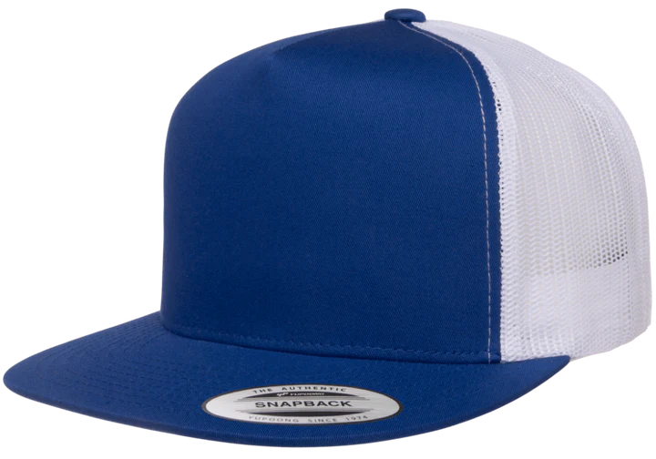 Yupoong 6006T Classic Trucker Snapback Hat, Flat Bill Cap with Mesh Back, 2-Tone Colors - YP Classics® Royal/White