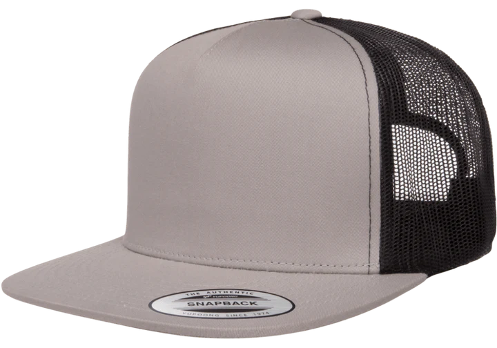 Yupoong 6006T Classic Trucker Snapback Hat, Flat Bill Cap with Mesh Back, 2-Tone Colors - YP Classics® Silver/Black